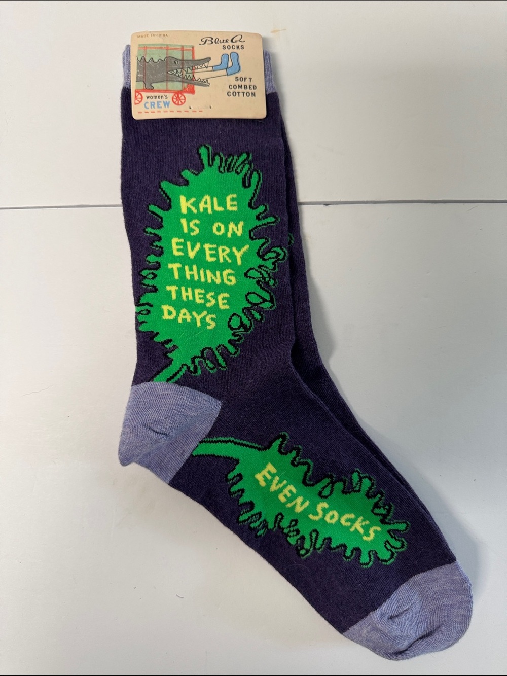 Blue Q Purple “Kale Is On Everything” Crew Socks with Bright Green Kale Graphic